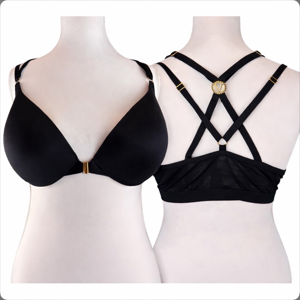 Victoria’s Secret Very Sexy Love Push Up Plunge Gold Rhinestone Bra 38D Blck NEW